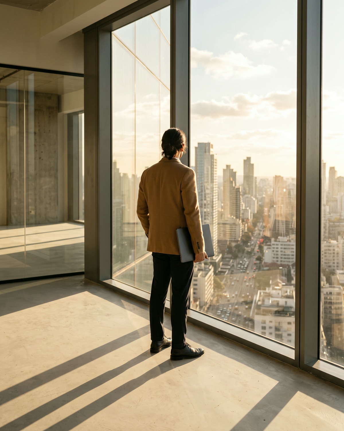 A figure at a floor-to-ceiling window holding a laptop, seen from behind, city beyond